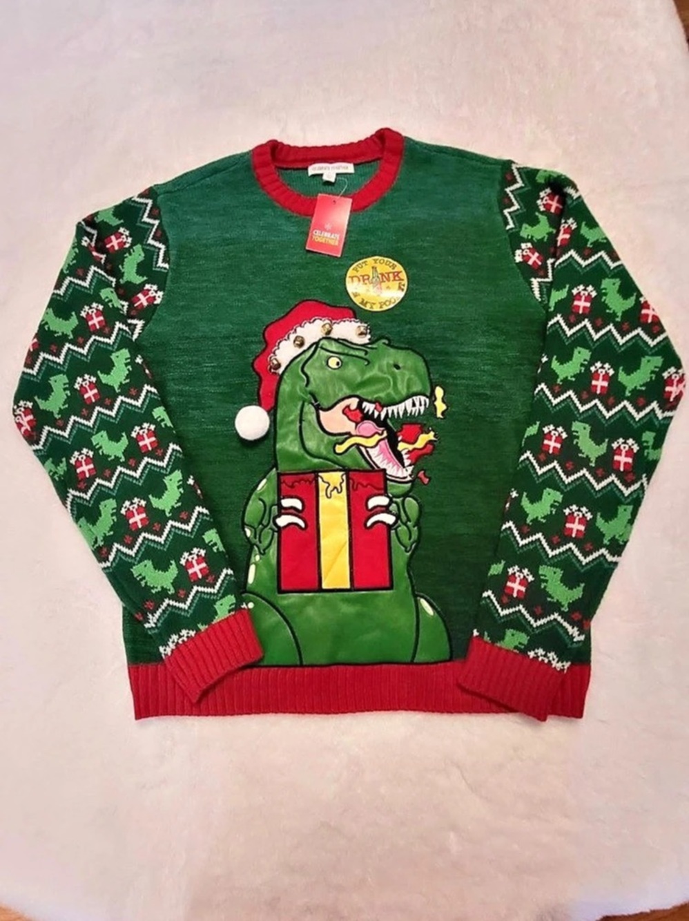Celebrate Together Tree Rexosaurus Ugly Christmas Sweater Large T-Rex bottle poc